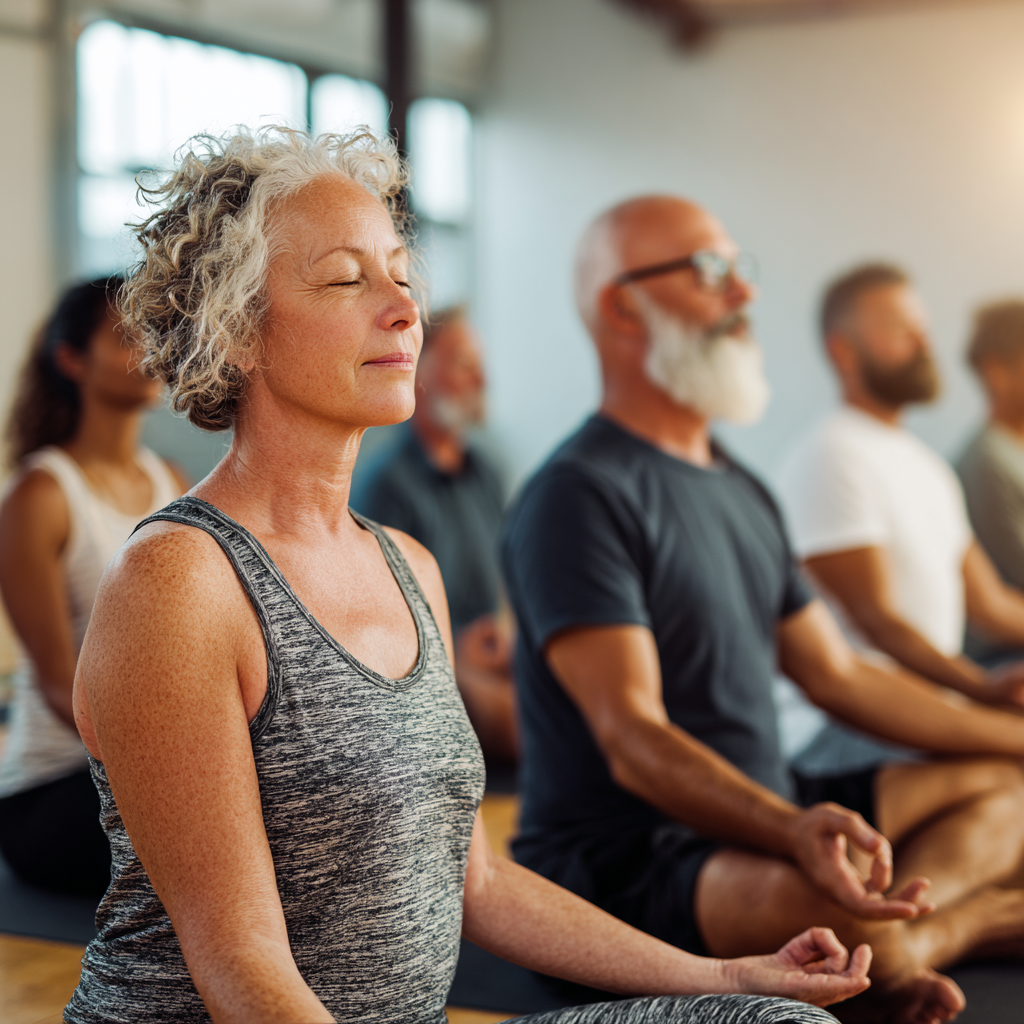 Group of mature adults aged 45-55 practicing gentle yoga together in a bright studio, showing diverse individuals in comfortable poses with peaceful expressions, creating sense of community and wellbeing