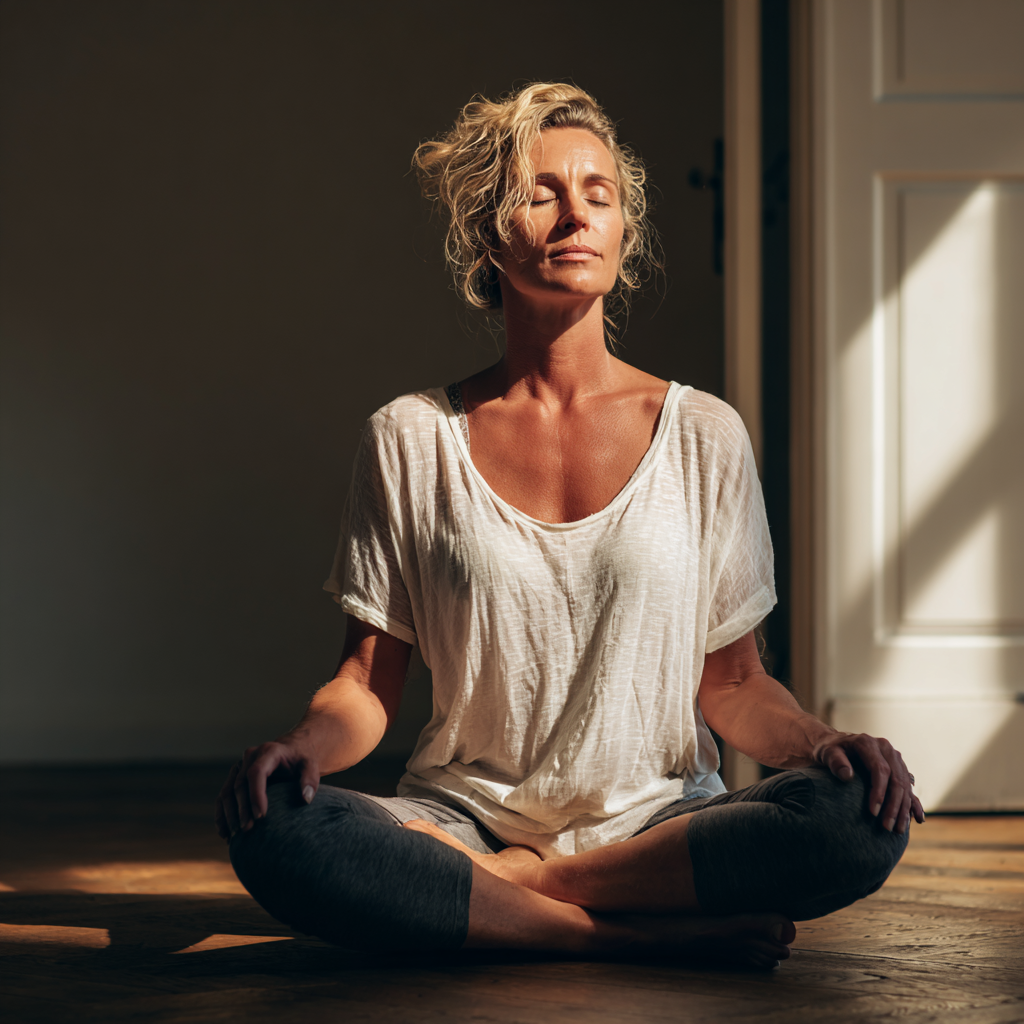 Peaceful woman in her late forties practicing yoga meditation in natural light, sitting cross-legged with closed eyes and serene expression, embodying mindfulness and inner harmony